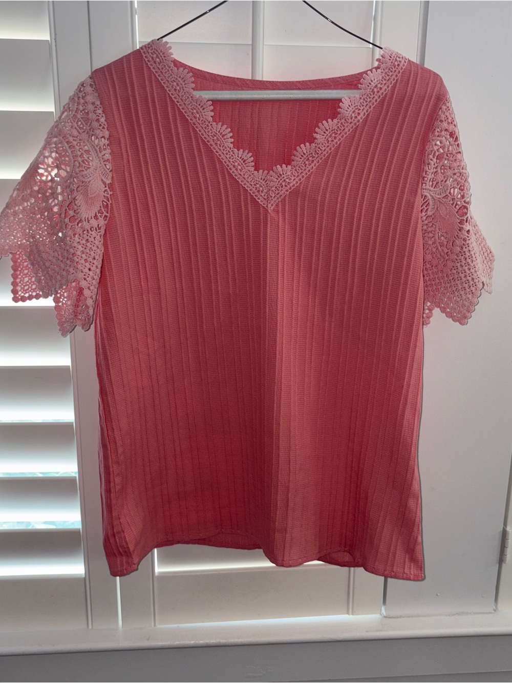 Women's Lace Sleeve V-Neck Top in Coral Pink